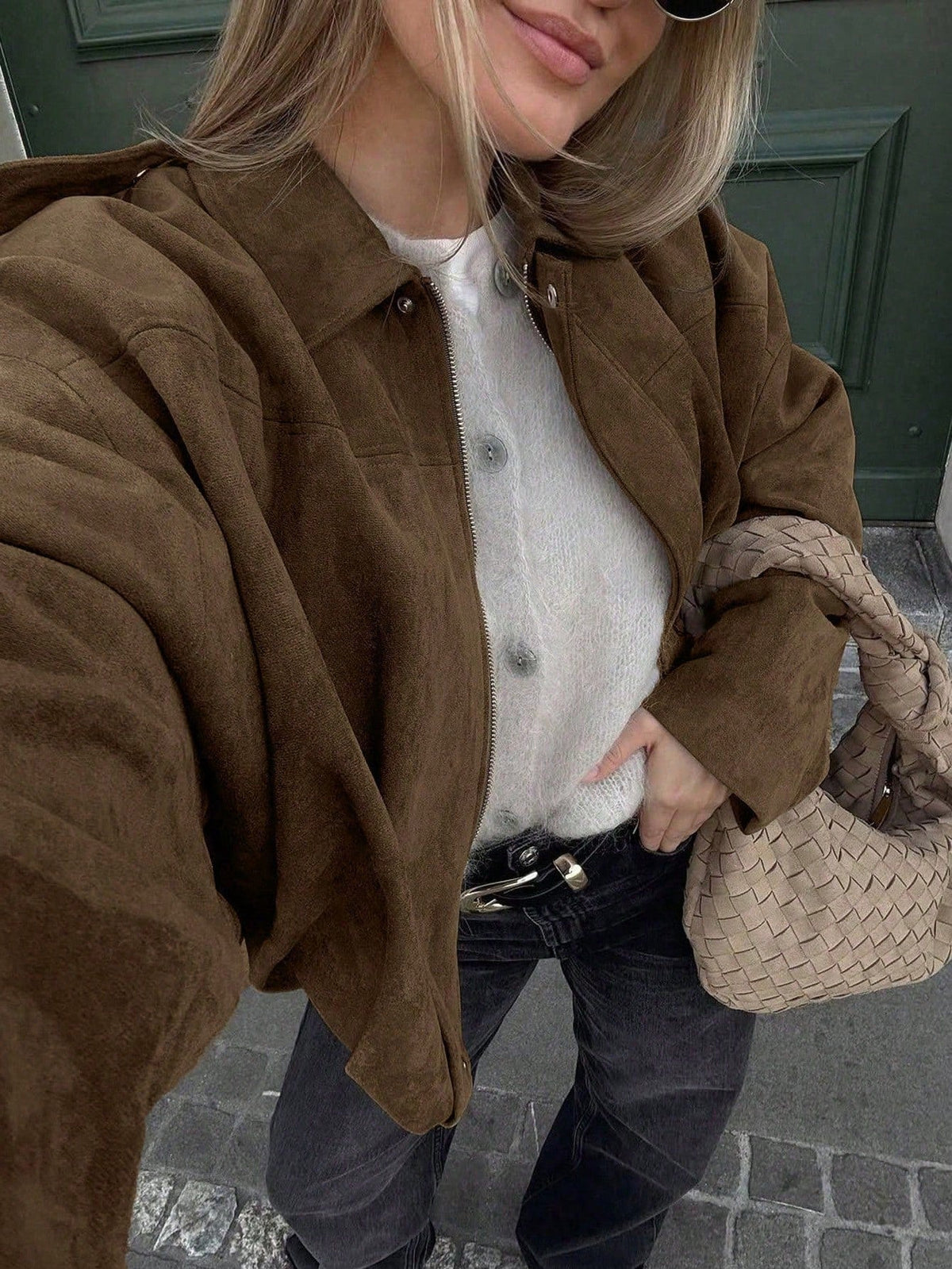 Chaqueta de Ante Oversize con Cremallera para Mujer