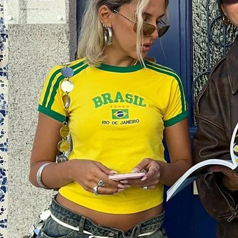 Retro Brasil | Camiseta Crop Top Deportiva Retro Mujer Estampado Brasil
