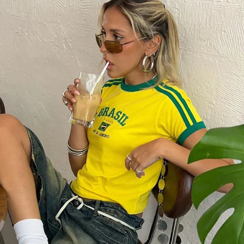 Retro Brasil | Camiseta Crop Top Deportiva Retro Mujer Estampado Brasil