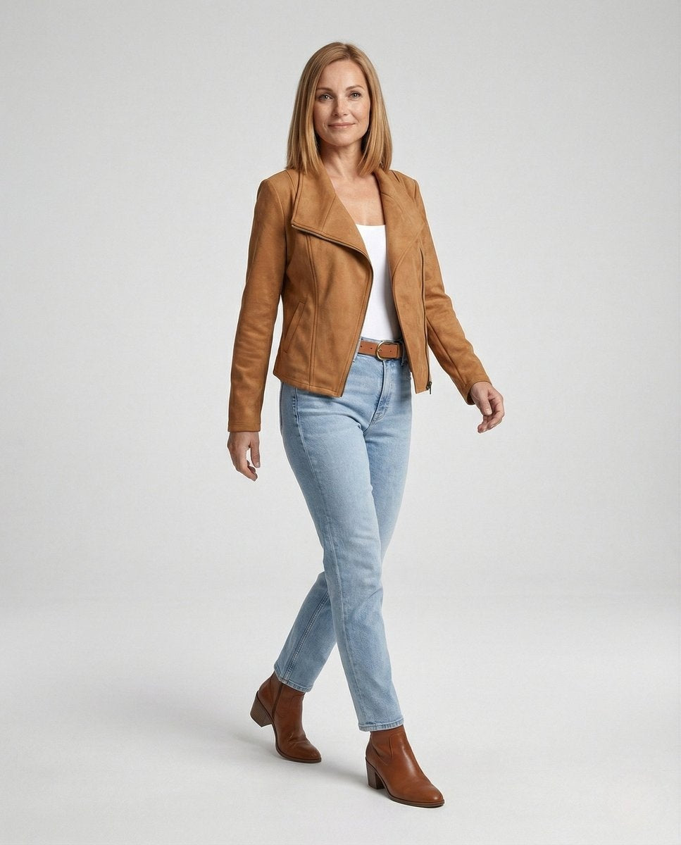 Chaqueta Motera de Ante Cierre Asimétrico para Mujer