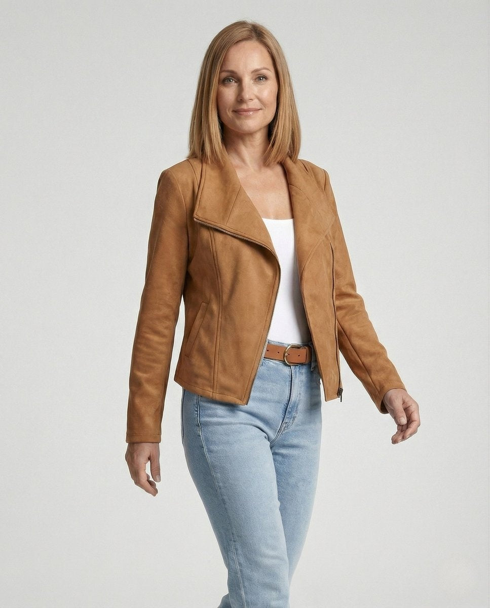 Chaqueta Motera de Ante Cierre Asimétrico para Mujer