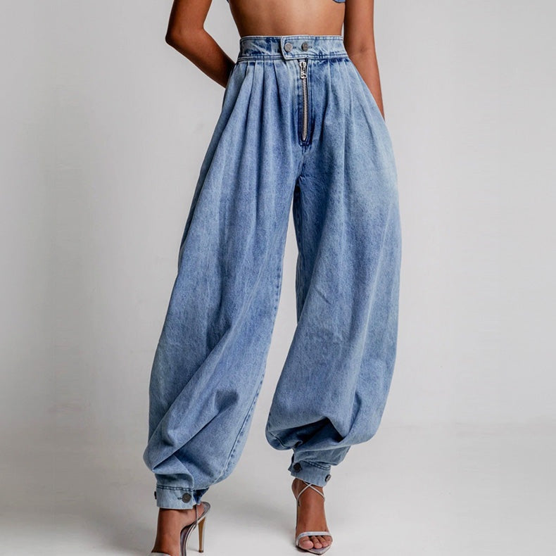 Leire Mujer Vaqueros Baggy de Cintura Alta Plisados Tobillo