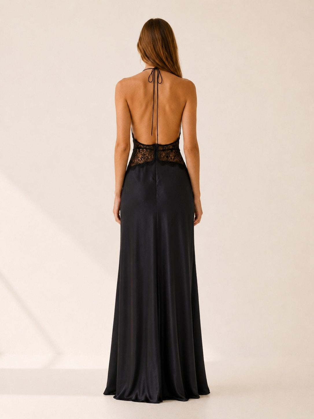 Leire | Vestido de Noche Largo Halter Encaje Mujer Escote V Espalda Descubierta