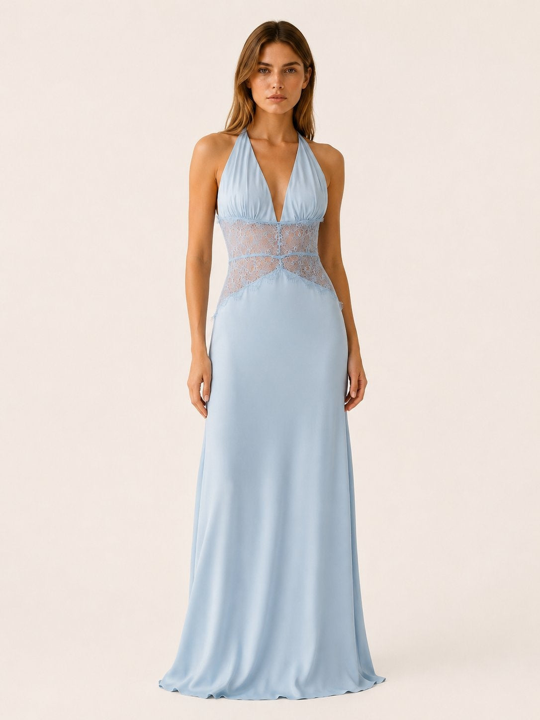 Leire | Vestido de Noche Largo Halter Encaje Mujer Escote V Espalda Descubierta