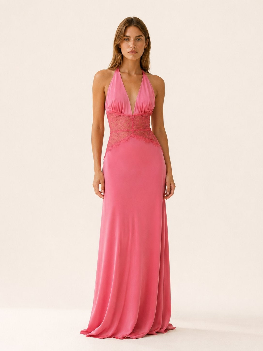Leire | Vestido de Noche Largo Halter Encaje Mujer Escote V Espalda Descubierta