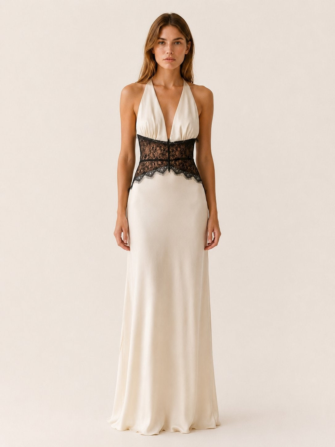 Leire | Vestido de Noche Largo Halter Encaje Mujer Escote V Espalda Descubierta