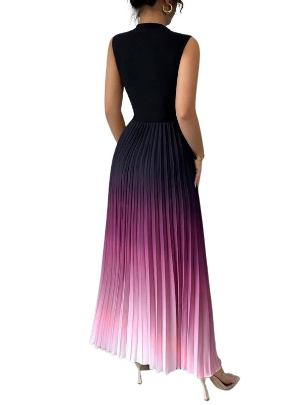Vestido Largo Plisado de Cuello Alto sin Mangas