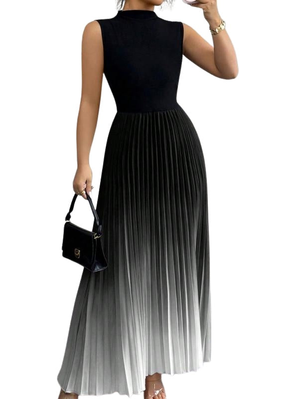 Vestido Largo Plisado de Cuello Alto sin Mangas