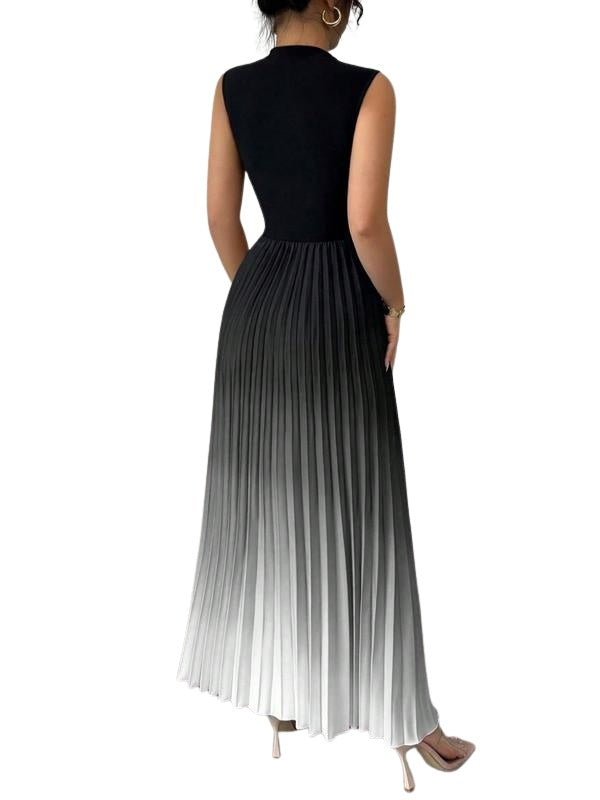 Vestido Largo Plisado de Cuello Alto sin Mangas