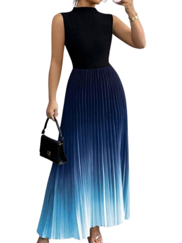 Vestido Largo Plisado de Cuello Alto sin Mangas