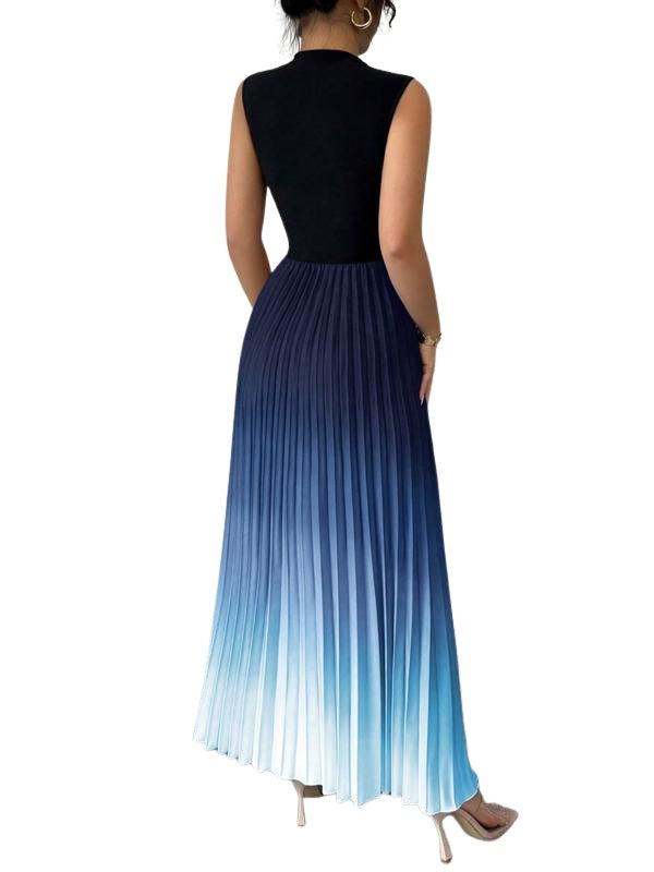 Vestido Largo Plisado de Cuello Alto sin Mangas