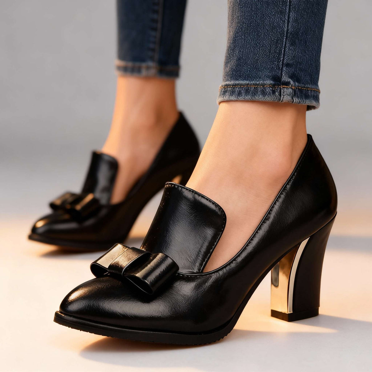 Zapatos de Tacón Bloque con Lazo y Punta Fina para Mujer