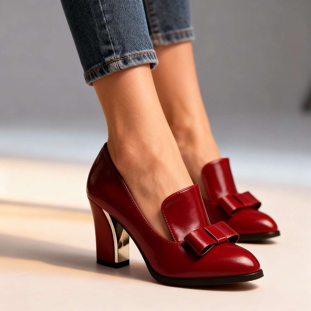 Zapatos de Tacón Bloque con Lazo y Punta Fina para Mujer