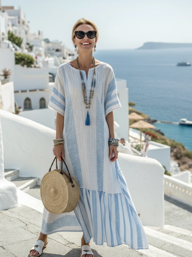 Vestido Largo Boho de Rayas con Manga Corta y Volante
