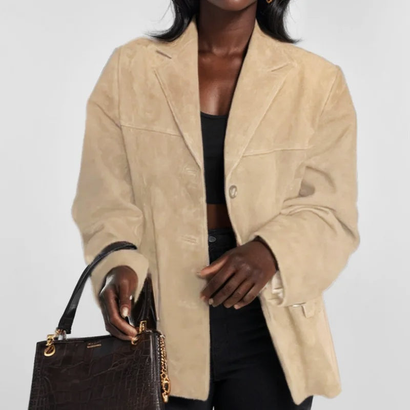 Chaqueta de Ante Corte Suelto con Solapas para Mujer