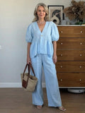 Abullonada Lino | Conjunto de Lino Mujer Blusa Manga Abullonada Pantalón Ancho