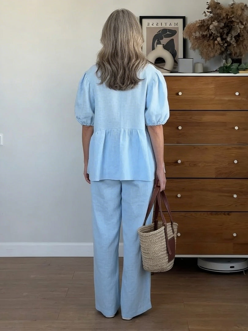 Abullonada Lino | Conjunto de Lino Mujer Blusa Manga Abullonada Pantalón Ancho