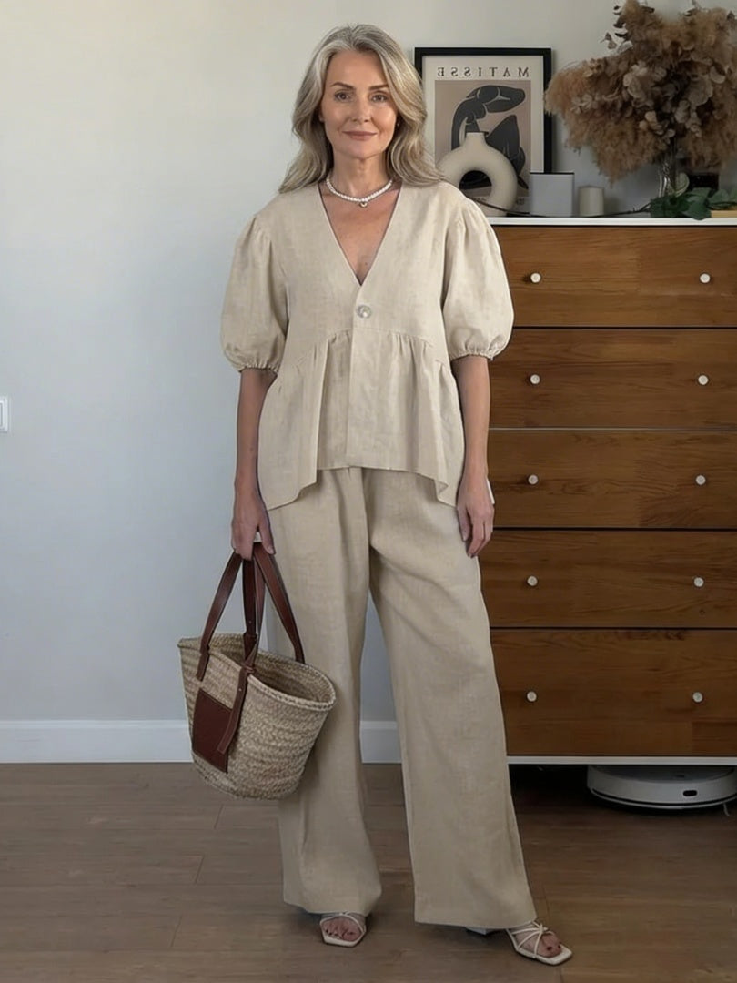 Abullonada Lino | Conjunto de Lino Mujer Blusa Manga Abullonada Pantalón Ancho