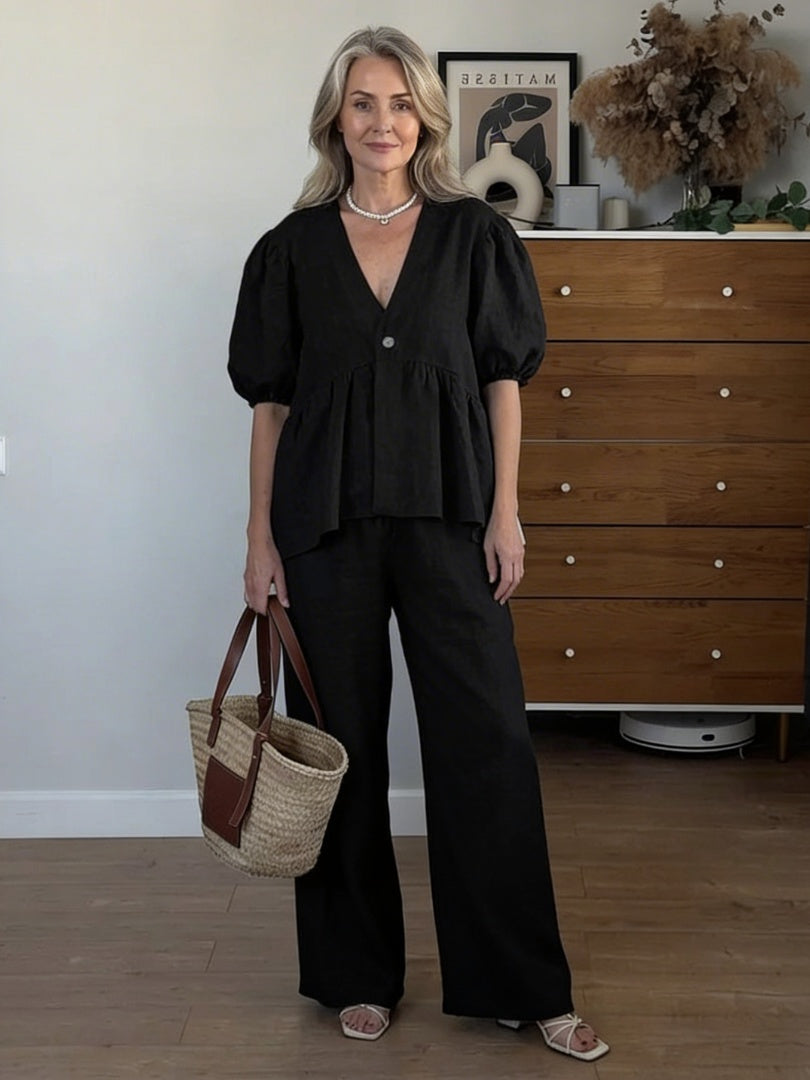 Abullonada Lino | Conjunto de Lino Mujer Blusa Manga Abullonada Pantalón Ancho