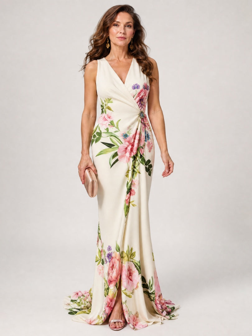 Vestido Largo de Madrina Floral con Escote V y Sin Mangas