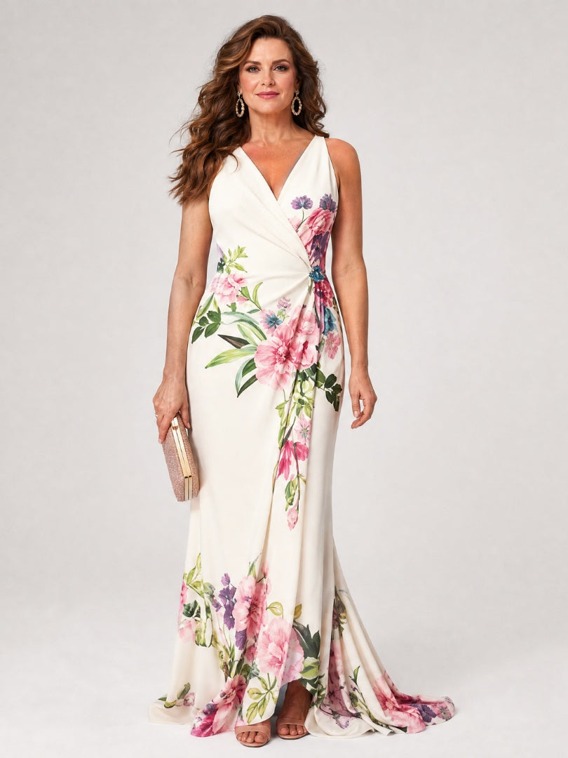 Vestido Largo de Madrina Floral con Escote V y Sin Mangas