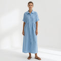 Vestido Camisero de Lino Plisado Largo para Mujer