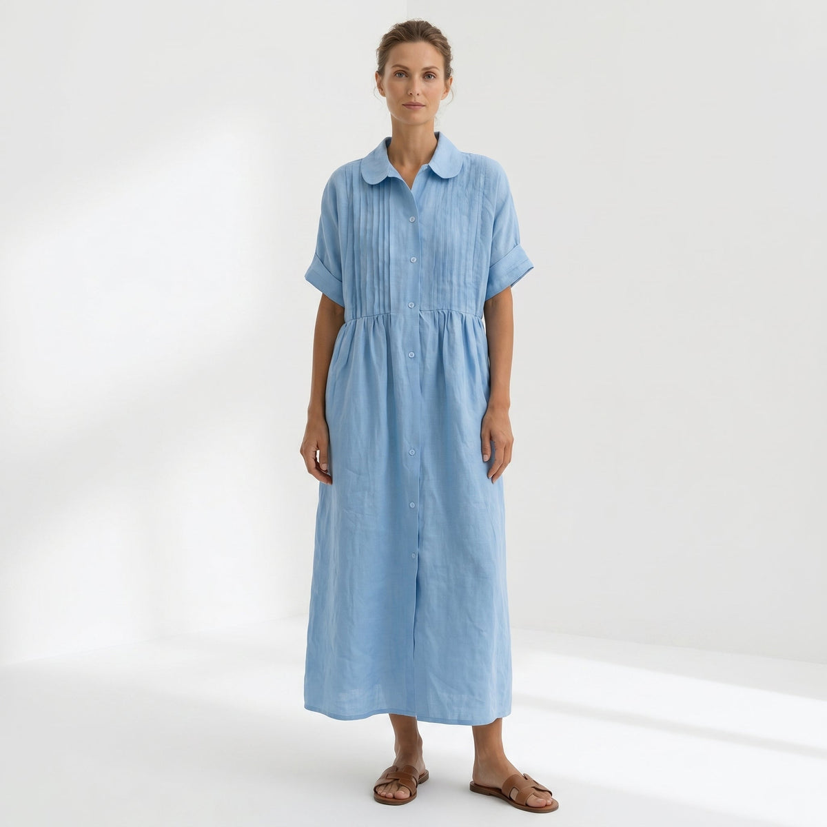 Vestido Camisero de Lino Plisado Largo para Mujer