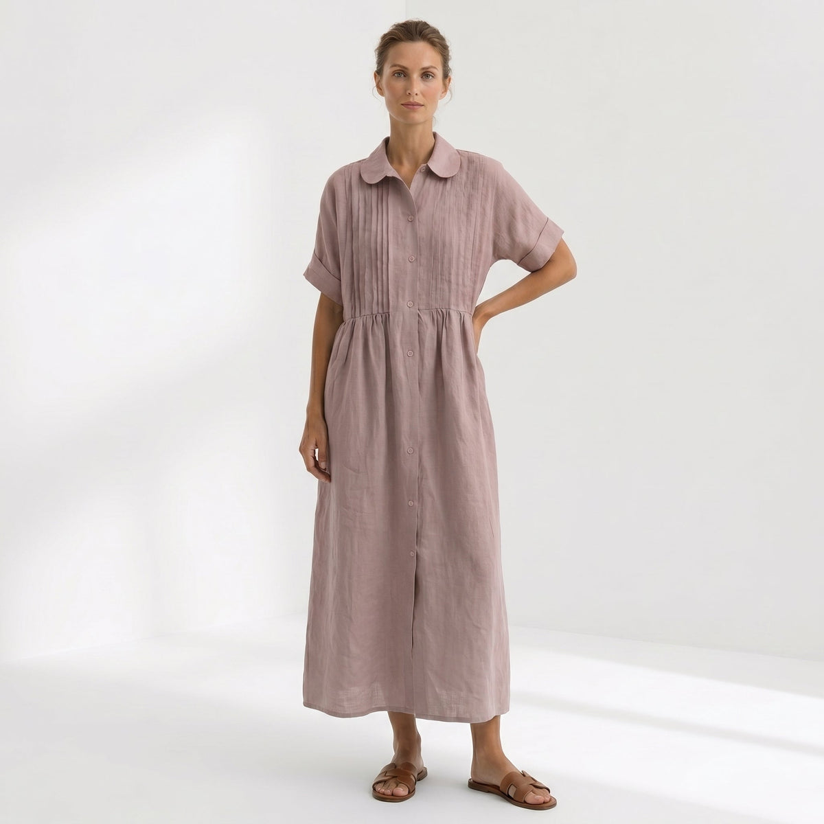 Vestido Camisero de Lino Plisado Largo para Mujer