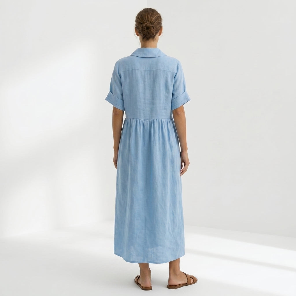 Vestido Camisero de Lino Plisado Largo para Mujer