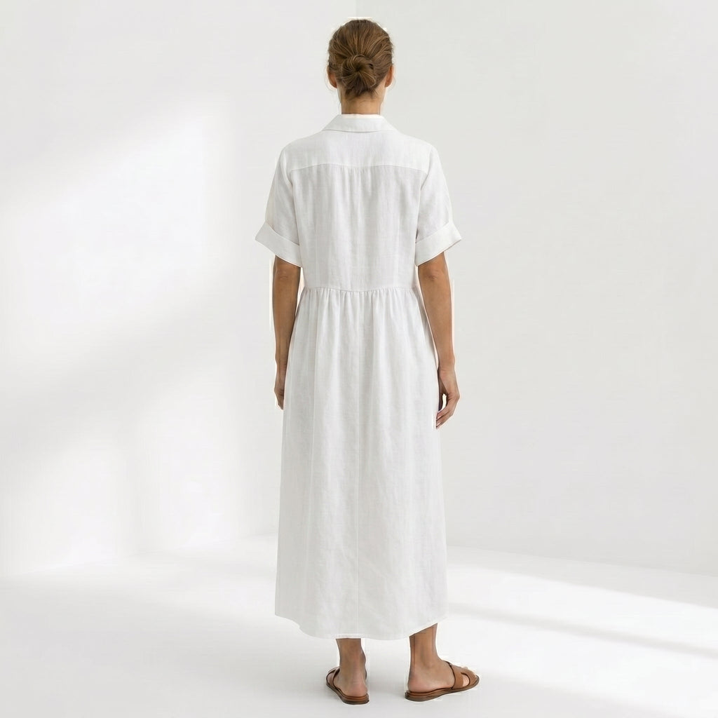 Vestido Camisero de Lino Plisado Largo para Mujer