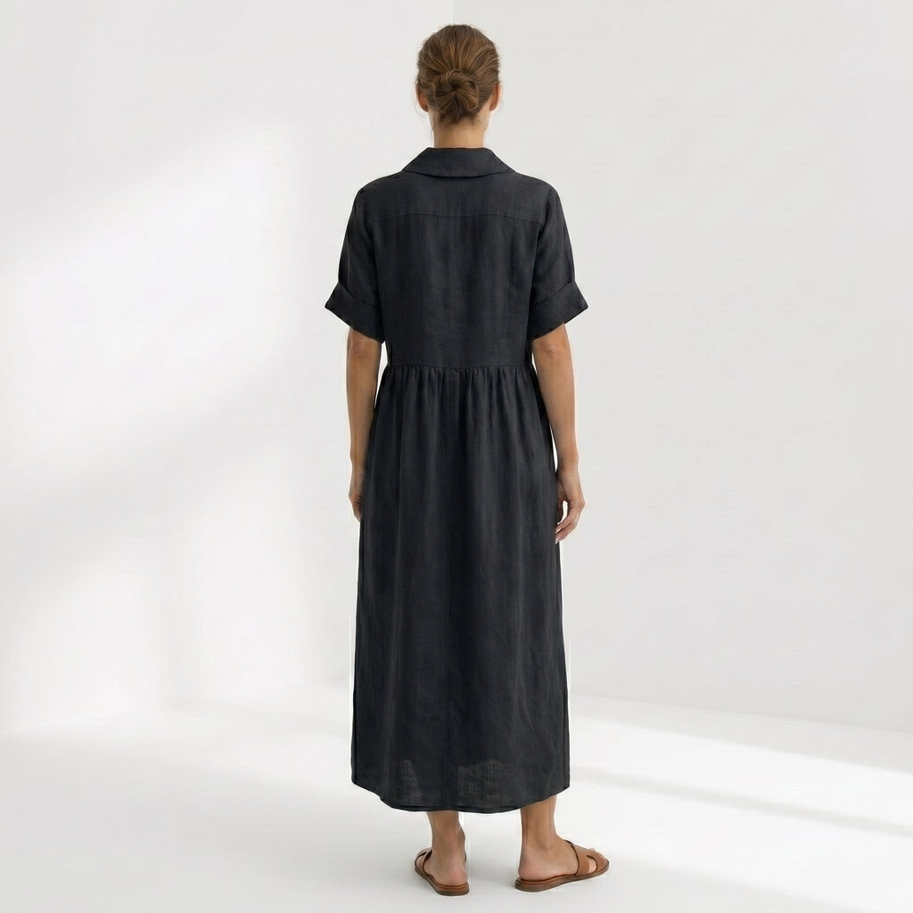 Vestido Camisero de Lino Plisado Largo para Mujer