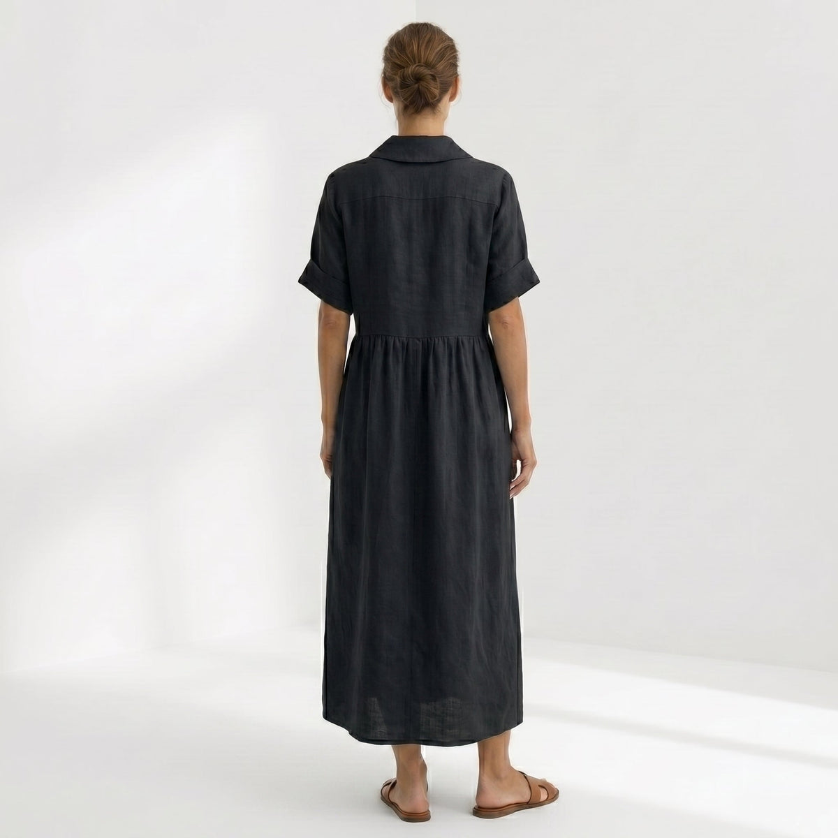 Vestido Camisero de Lino Plisado Largo para Mujer