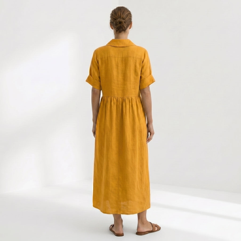 Vestido Camisero de Lino Plisado Largo para Mujer