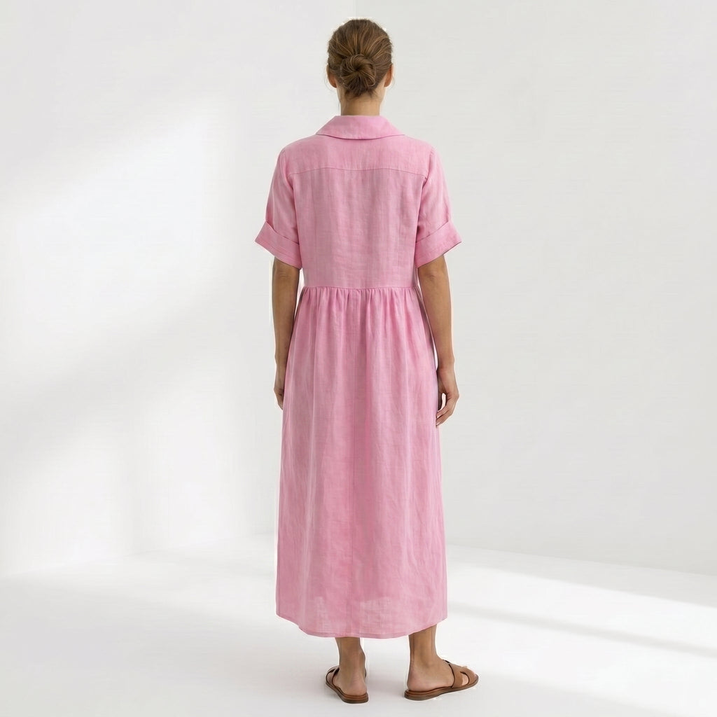 Vestido Camisero de Lino Plisado Largo para Mujer