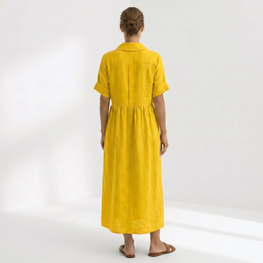Vestido Camisero de Lino Plisado Largo para Mujer