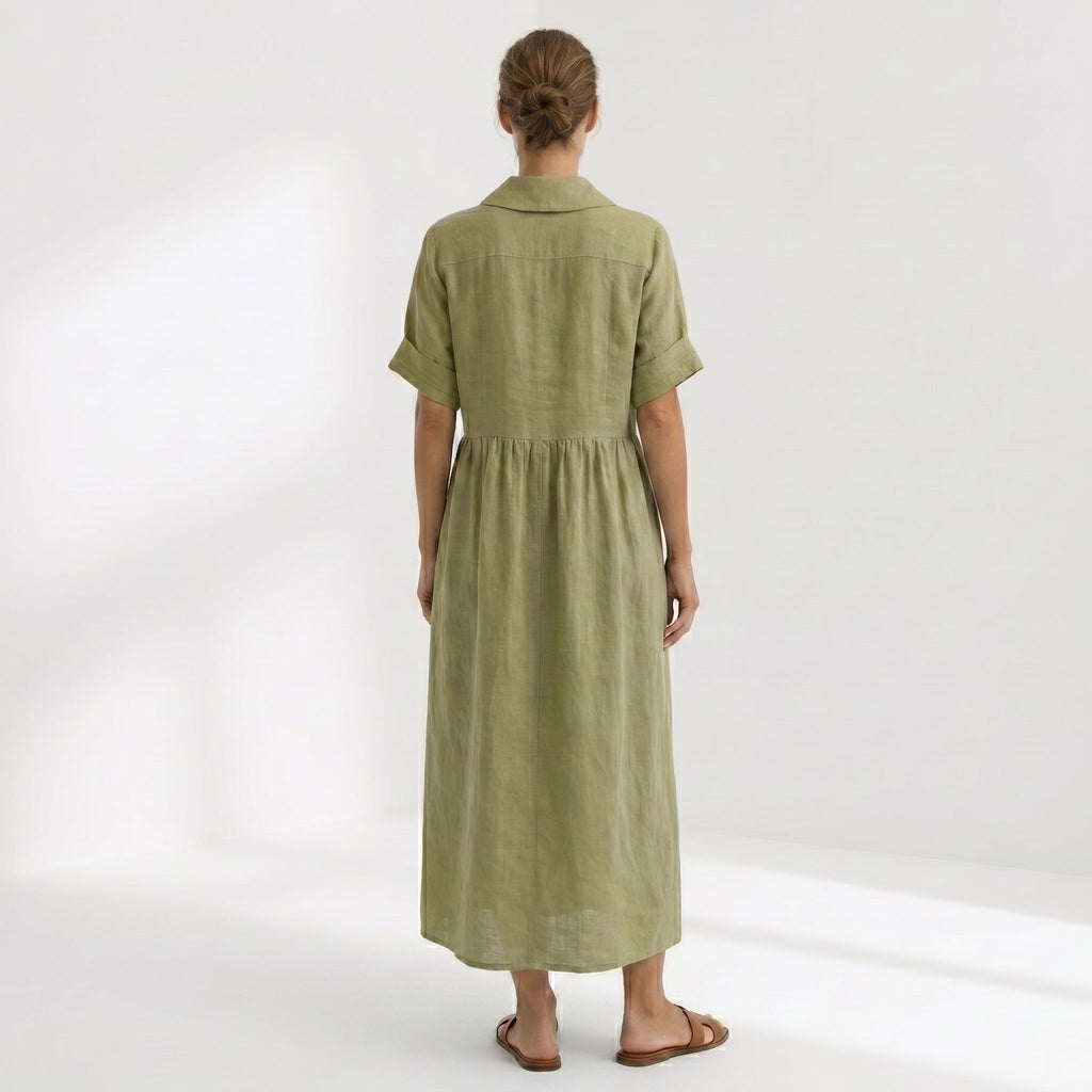 Vestido Camisero de Lino Plisado Largo para Mujer