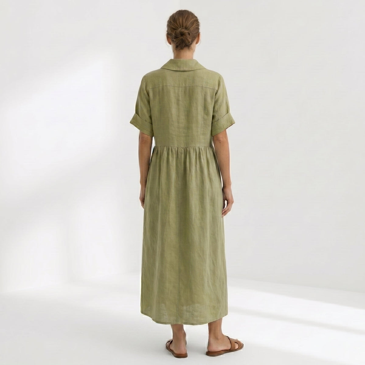 Vestido Camisero de Lino Plisado Largo para Mujer