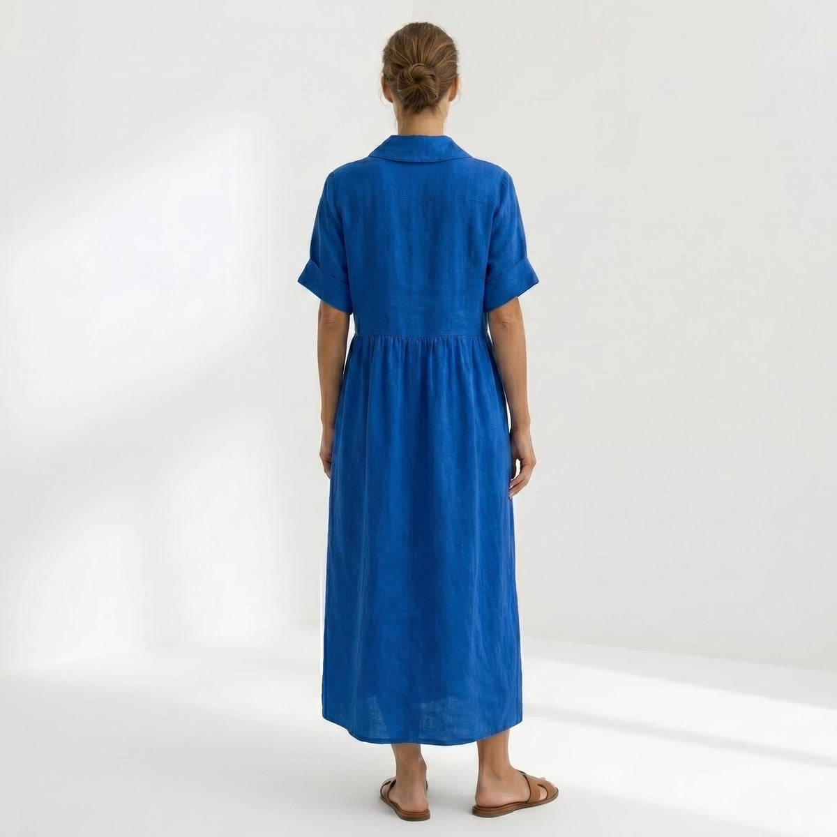 Vestido Camisero de Lino Plisado Largo para Mujer
