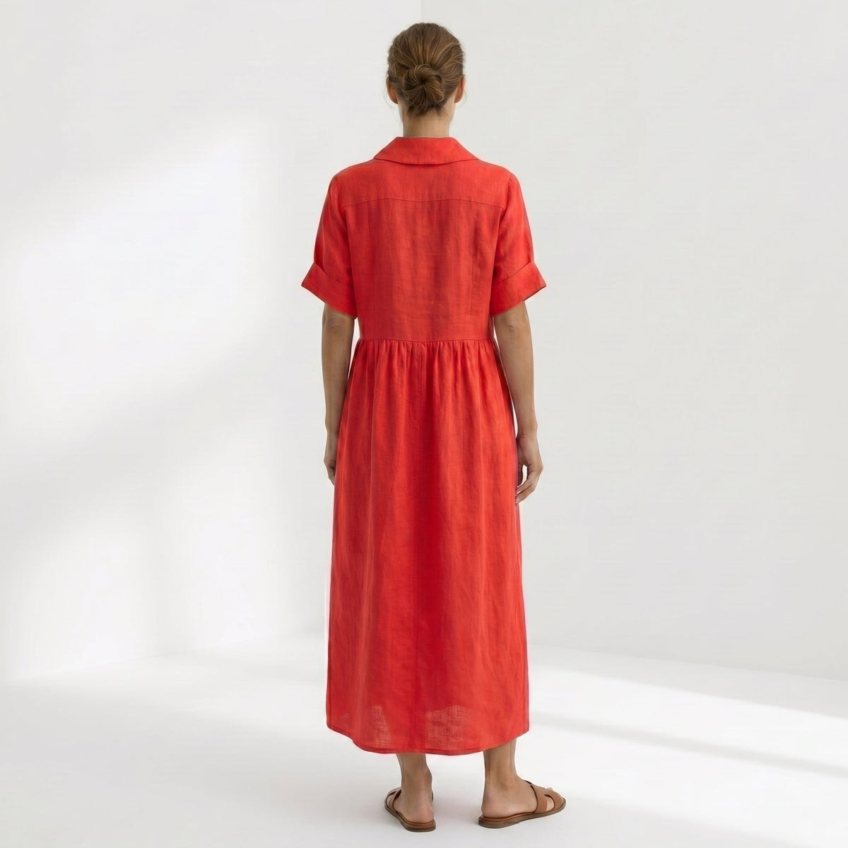 Vestido Camisero de Lino Plisado Largo para Mujer