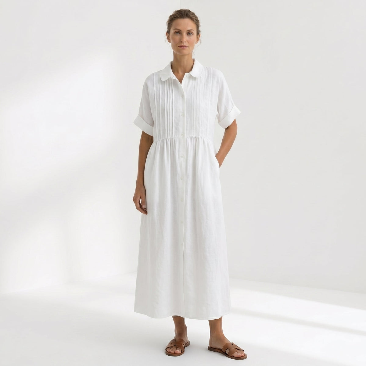 Vestido Camisero de Lino Plisado Largo para Mujer