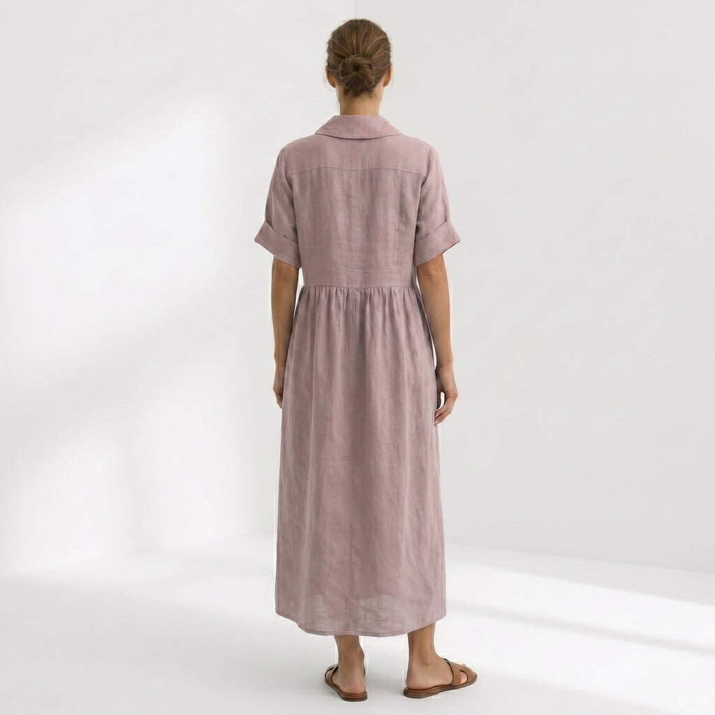 Vestido Camisero de Lino Plisado Largo para Mujer