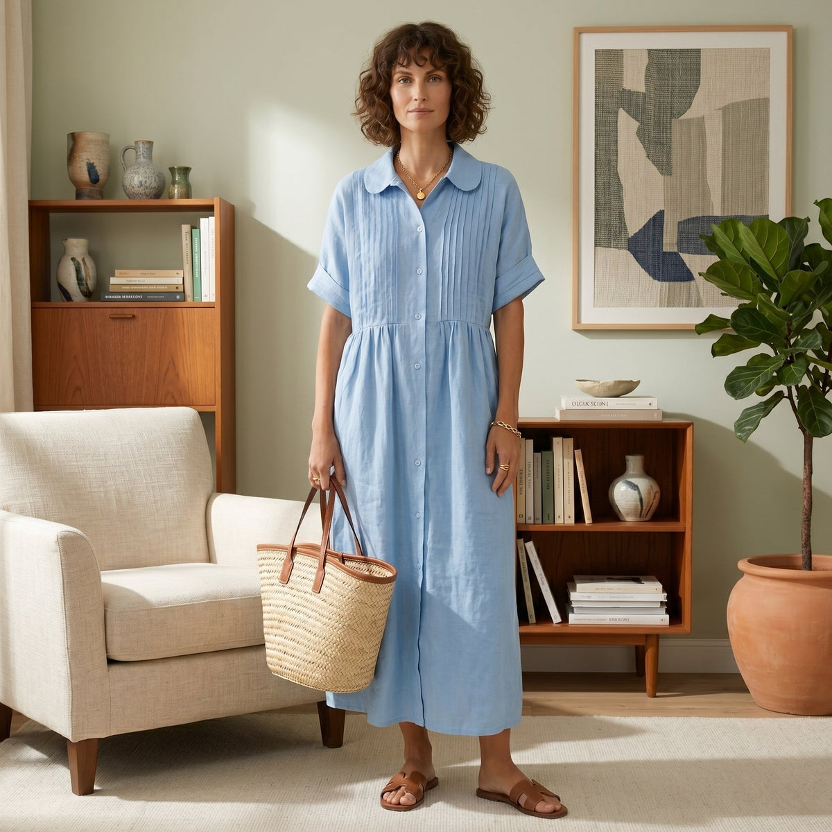 Vestido Camisero de Lino Plisado Largo para Mujer