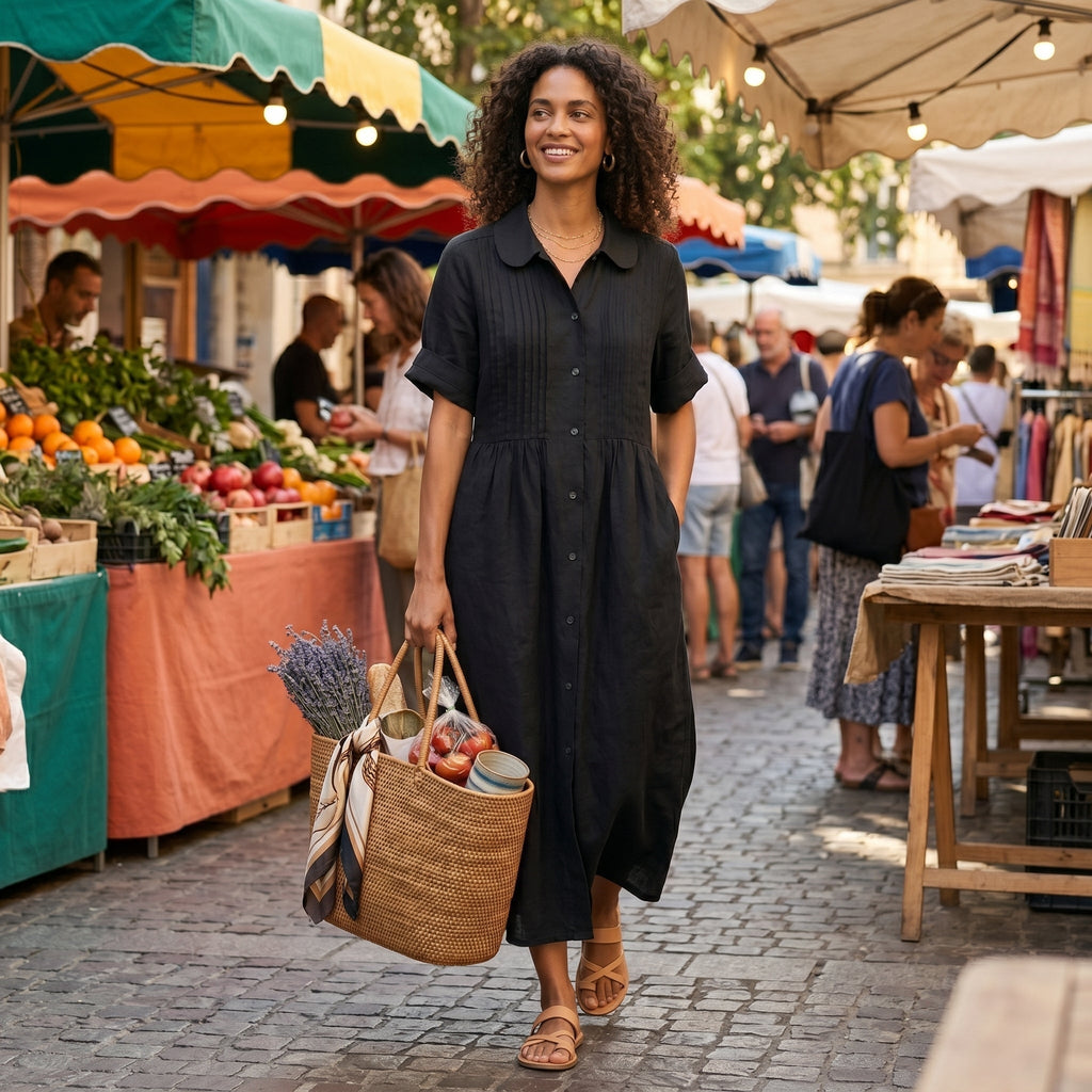 Vestido Camisero de Lino Plisado Largo para Mujer