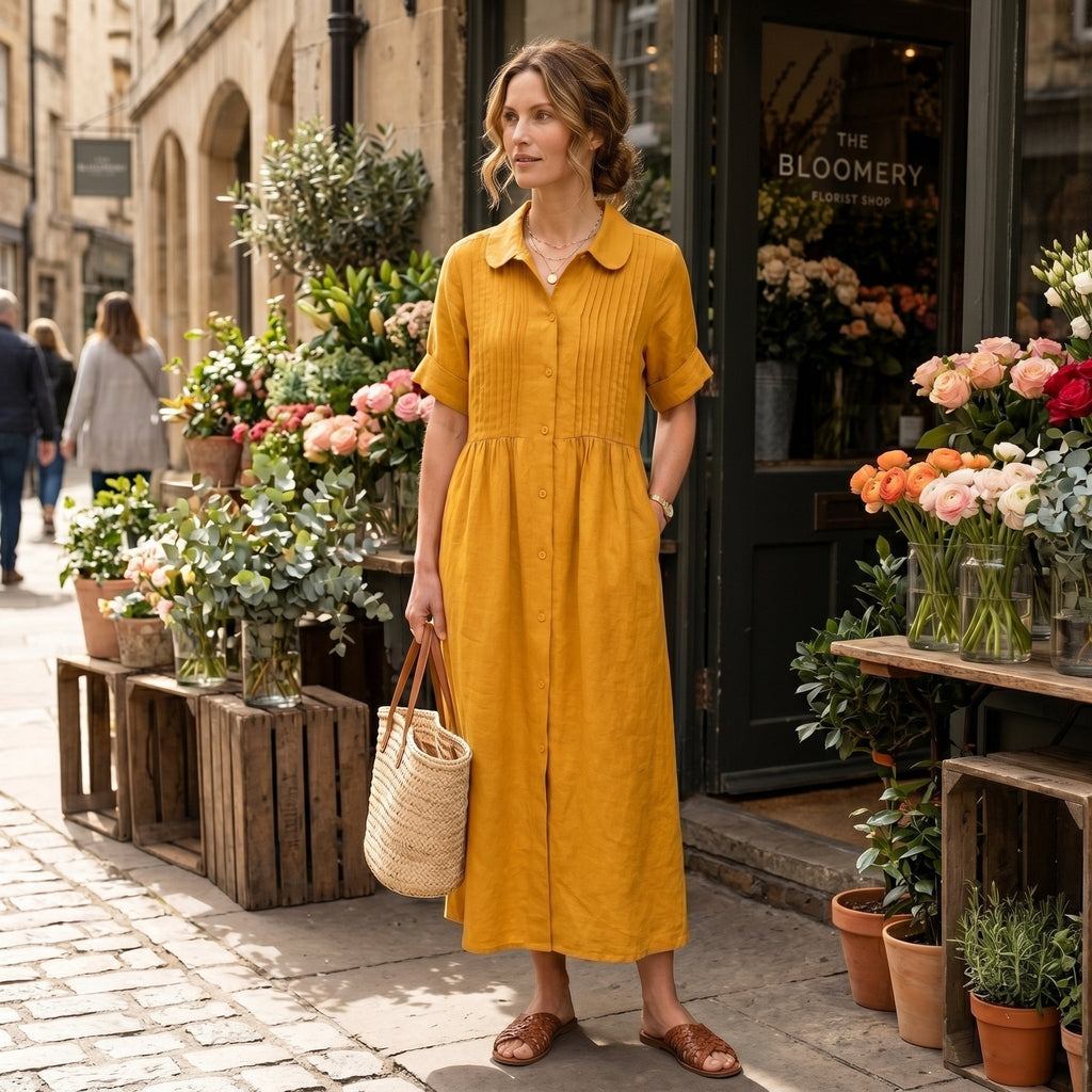 Vestido Camisero de Lino Plisado Largo para Mujer