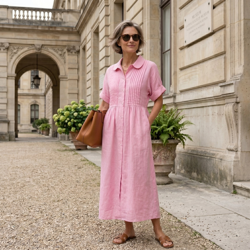 Vestido Camisero de Lino Plisado Largo para Mujer