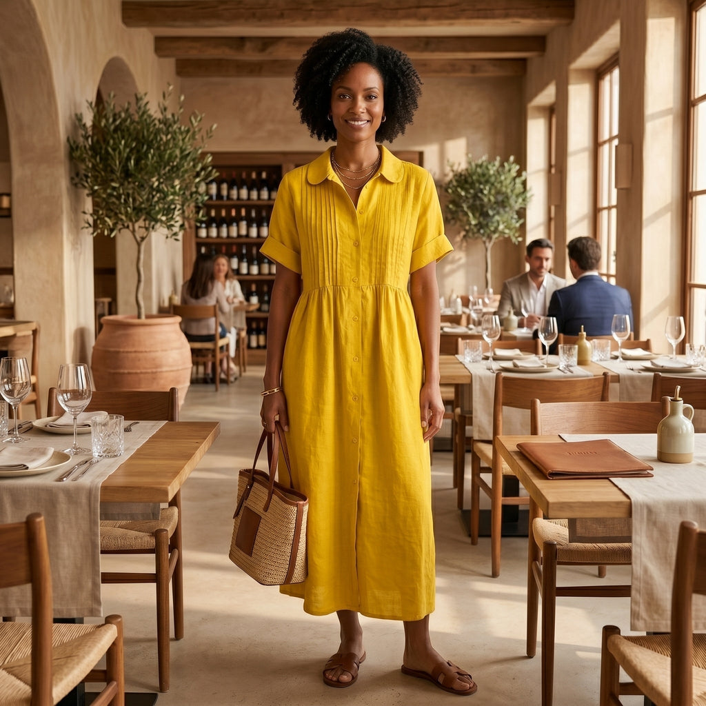 Vestido Camisero de Lino Plisado Largo para Mujer