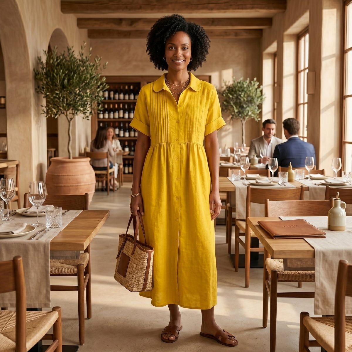 Vestido Camisero de Lino Plisado Largo para Mujer
