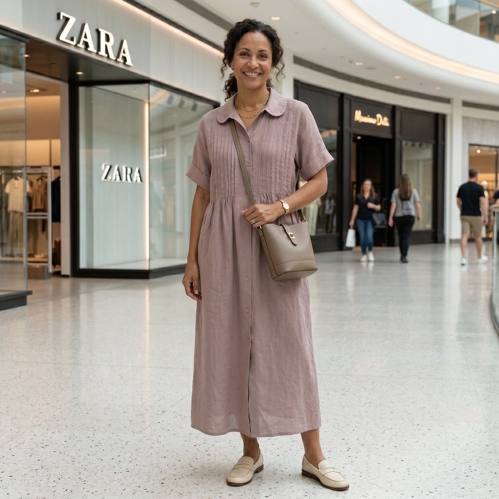 Vestido Camisero de Lino Plisado Largo para Mujer