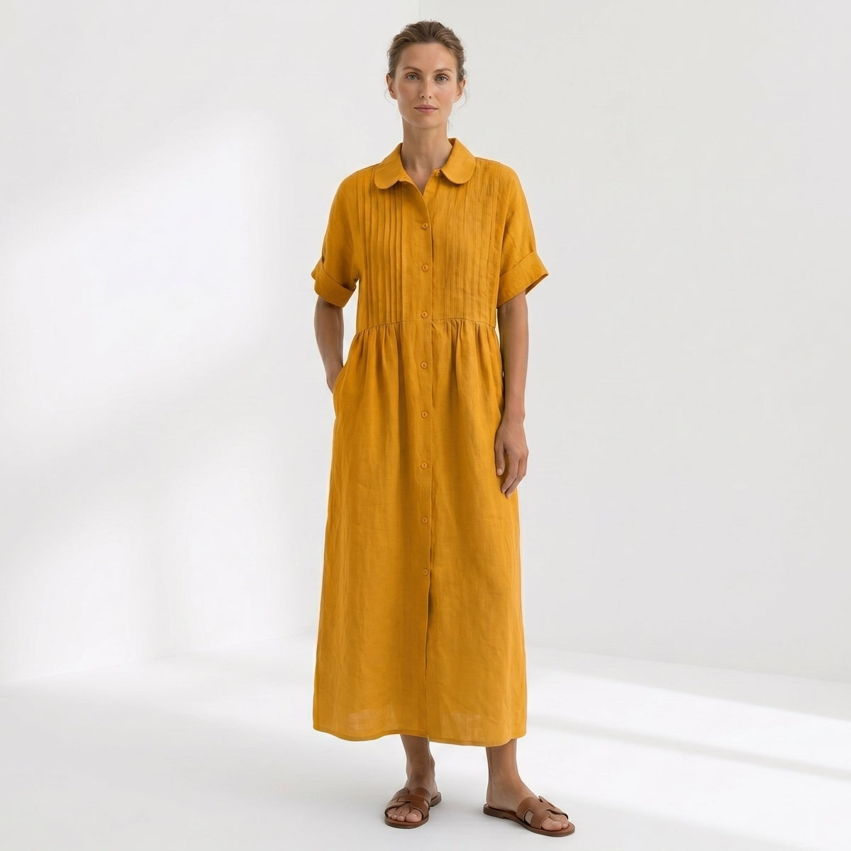 Vestido Camisero de Lino Plisado Largo para Mujer