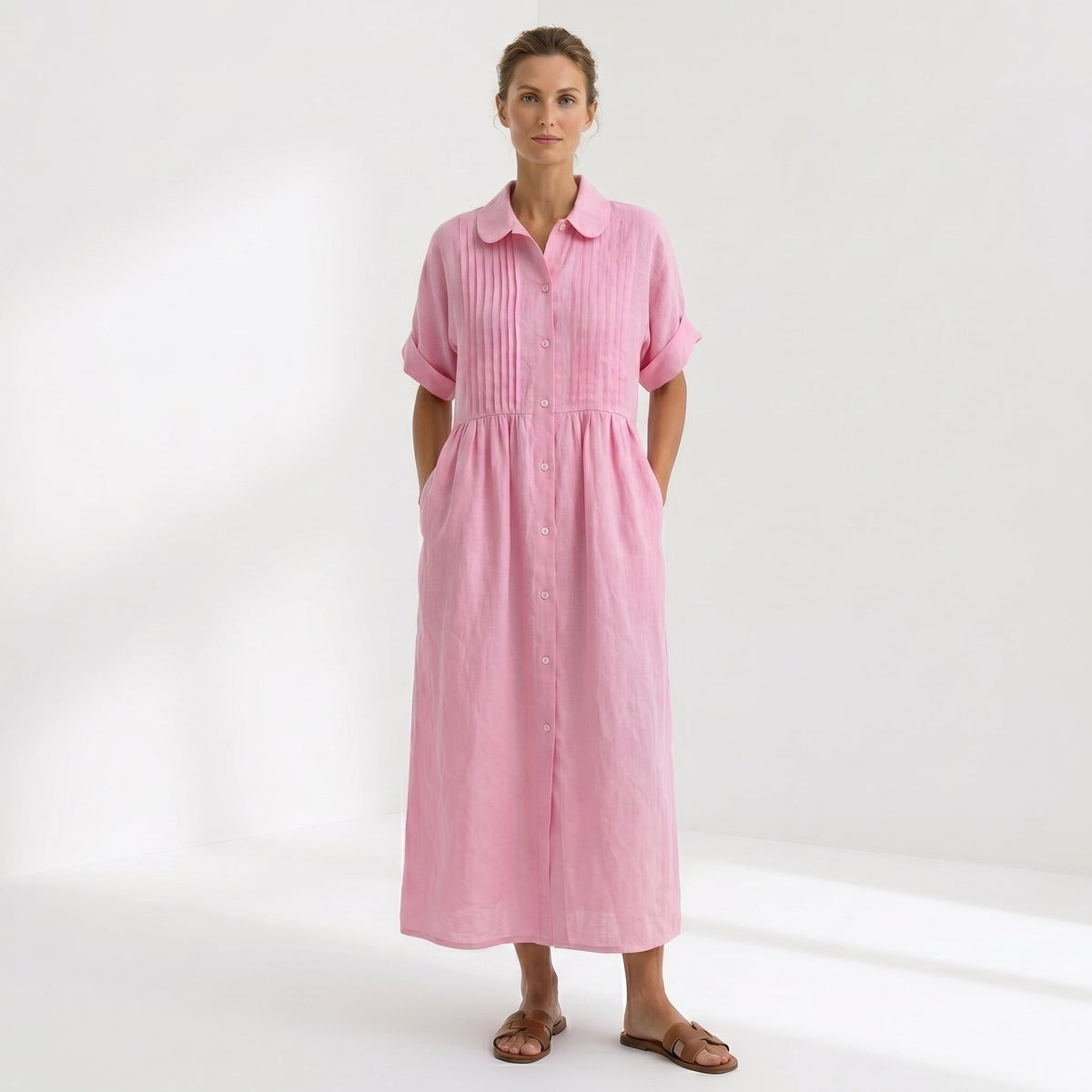 Vestido Camisero de Lino Plisado Largo para Mujer